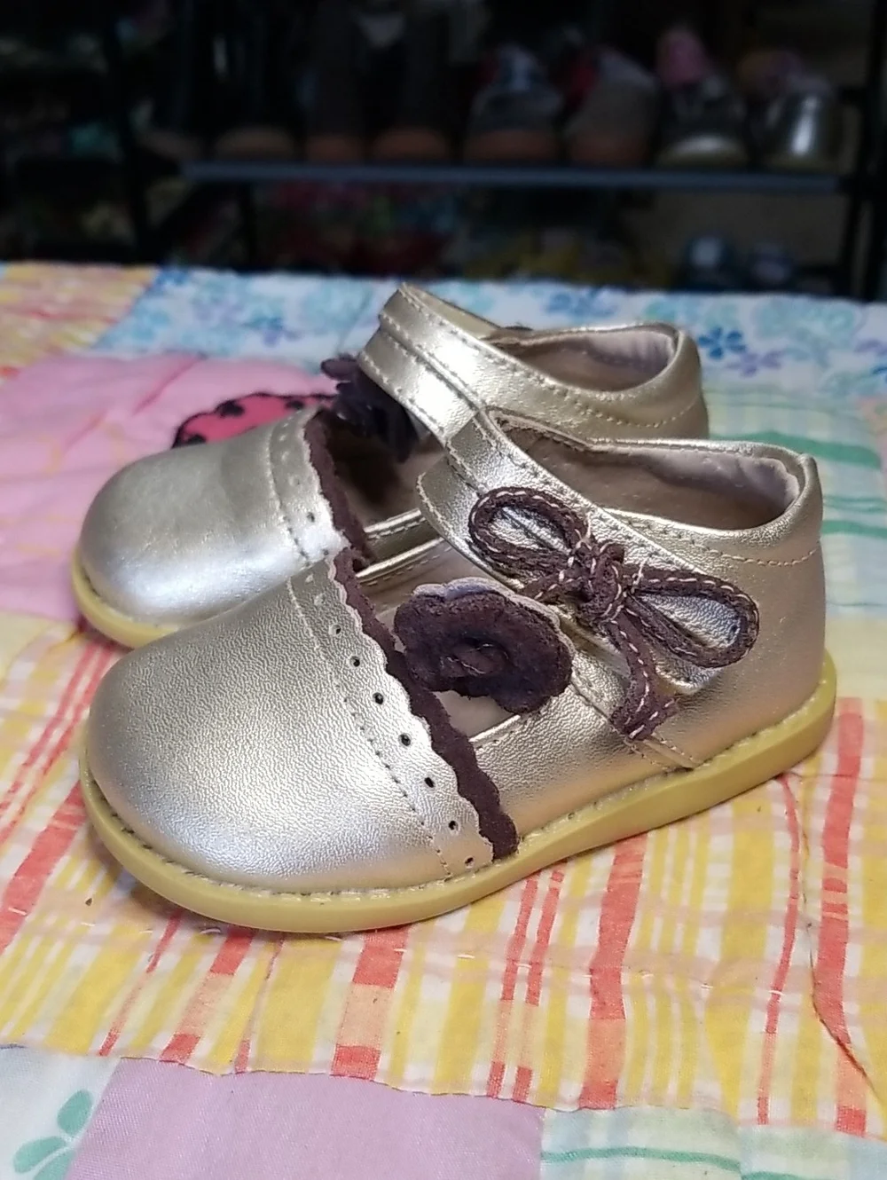Livie & Luca Metallic Gold Mary Janes with Brown Flower Accents Size 4 Merry Bel